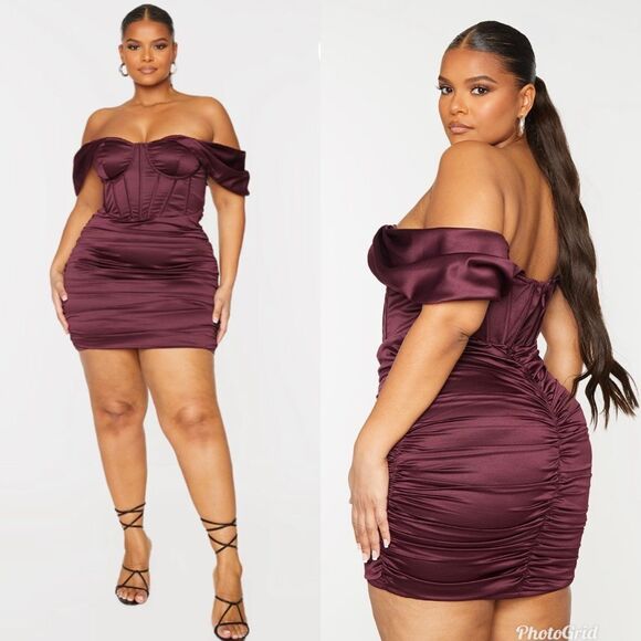 Prettylittlething PLUS PLUM STRUCTURED SATIN CUPPED RUCHED SKIRT BODYCON DRESS - Picture 2 of 12